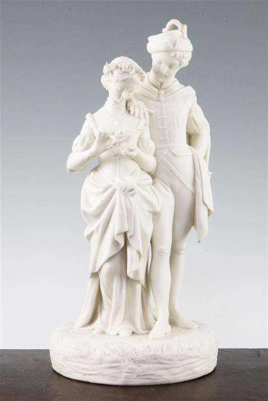 A Worcester, Kerr & Binns parian group of Faust and Margaret, third quarter of 19th century, 32.5cm, losses to three fingers